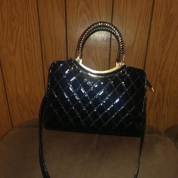 Neiman Marcus Shiny Faux Black Leather Diamond Pattern Top Handle Purse - Picture 3 of 5